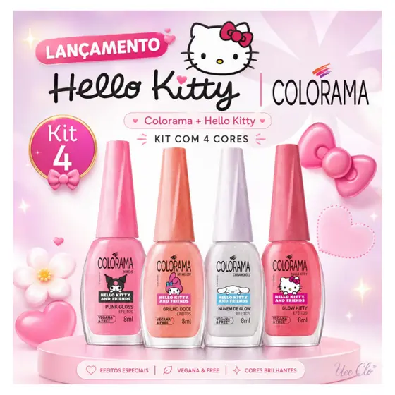 Esmalte Colorama Hello Kitty Nova Coleção - Kit Com 4 Cores Unhas efeito brilho
