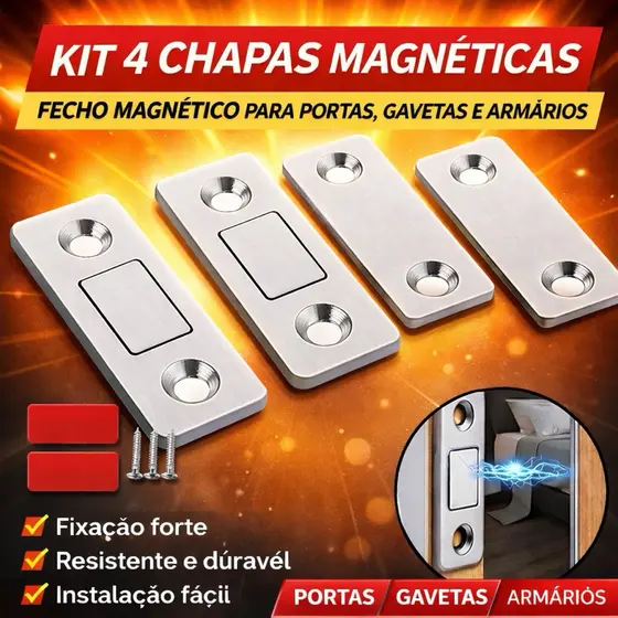 🔥 Kit 4 Chapas Magnéticas para Porta, Gaveta e Armário – Fixação Forte 🔥