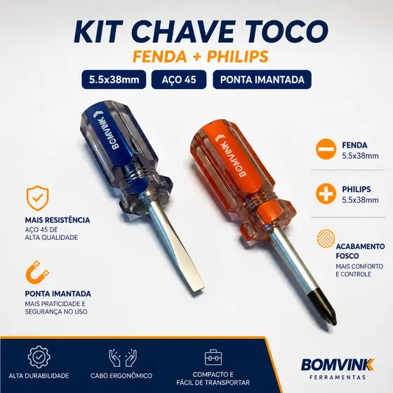 KIT CHAVE TOCO FENDA + PHILIPS 5,5x38mm COM PONTA PRETA 🔧