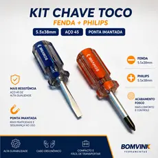 KIT CHAVE TOCO FENDA + PHILIPS 5,5x38mm COM PONTA PRETA 🔧