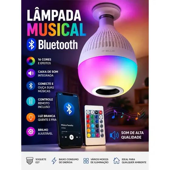 Lâmpada LED Musical Bluetooth RGB E27 com Caixa de Som | Controle Remoto | RGB Colorido | Luz Branca Quente e Fria
