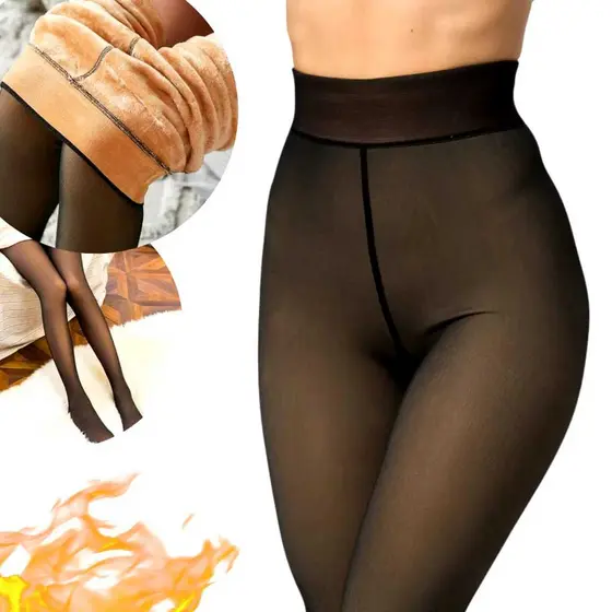 Meia-Calça Térmica Forrada Peluciada Translúcida de Lã Feminina Super Elástica Slim