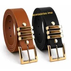 Kit 2 Cinto Feminino Plus Size Fivela Dourado Quadrado 2,5 cm Largura Couro PU