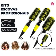 Kit Profissional 3 Escovas para Salão - Cerdas de Javali e Nylon de Alta Qualidade
