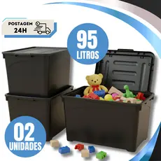 Kit 2 Unidades Caixa Organizadora 95 Litros Preta Com Rodinhas e Trava Para Transporte HeavyBox