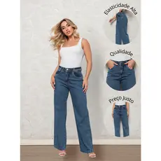 Calça Jeans Wide Leg Marmorizada Cintura Alta 100% Jeans