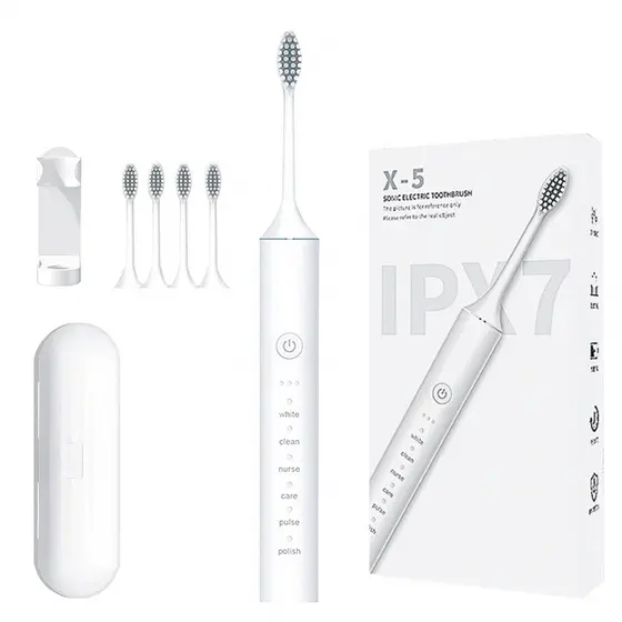 Escova de Dentes Elétrica X5 - Branco Marfim + 4 Escovas - Resistência à Água IPX7
