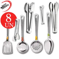 Kit Utensilios Aço Inox 8, 6 Peças Pegador Salada Carne Frios Massas Concha Espatula Escumadeira