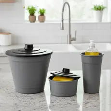 Kit Pia 3 Peças Organizador de Plástico Para Cozinha Com Cesto de Lixo Porta Esponja e Detergente