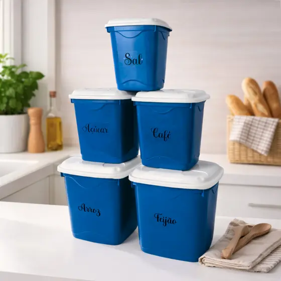 Kit 5 Potes Porta Mantimentos Plástico Resistente com Tampa Organize Alimentos Arroz Feijão e Café