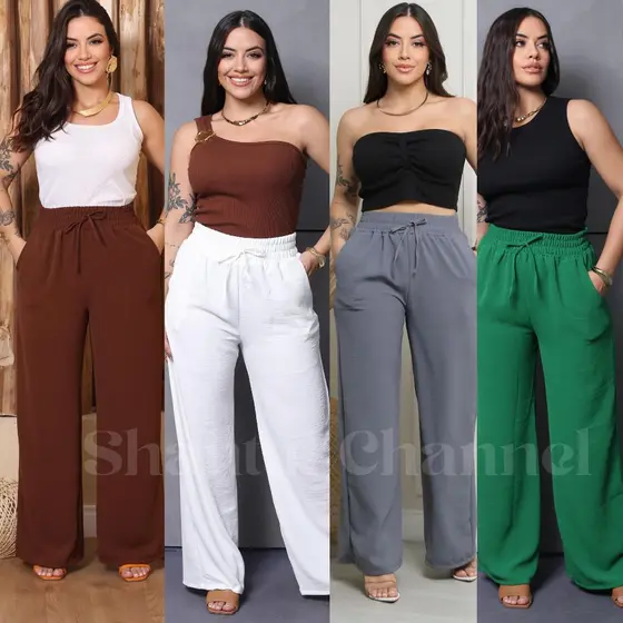Calça Pantalona Feminina Cintura Alta Com Bolso  Duna Tendência