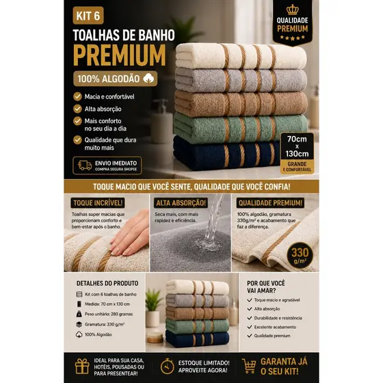Kit 6 Toalhas de Banho Grandes 100% Algodão Alta Absorção Macias Premium para Banheiro