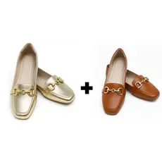 Kit 2 Pares Mocassim Feminino Casual Confortável Dourado + Caramelo