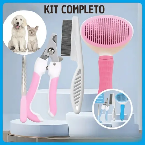 KIT 4 Pçs para Pets: Escova Removedora Tira Pelos de Cães E Gatos +Pente de Pulgas+Lixa de Unha PET+Cortador de Unhas