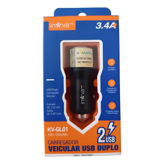 Carregador Veicular Turbo Inova GL08 Dual USB 3.4A Rápido
