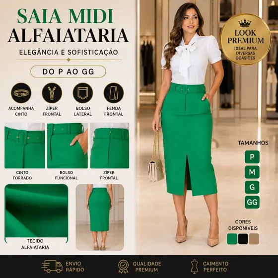 Saia Feminina Midi Alfaiataria Com Bolso Lateral Zíper frontal funcional acompanha cinto Ref 049
