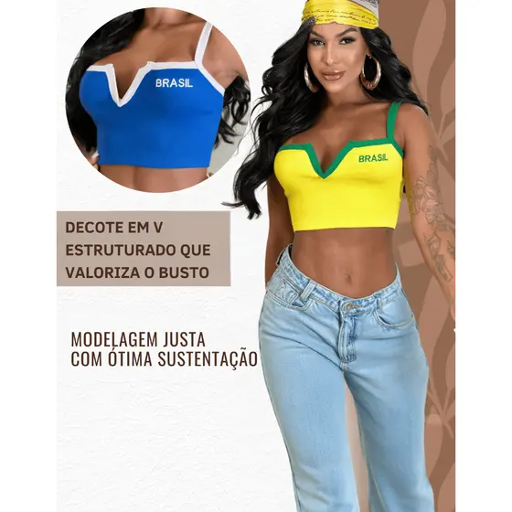Cropped Feminino Edição Brasil Alcinha Decote V Top Ribana Canelado