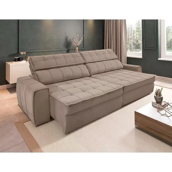 Sofá Premiatto 294cm Retrátil Reclinável Veludo Bege Gralha Azul Conforto Luxo Amplo