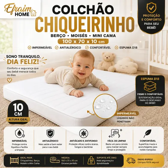 Colchão de Berço Chiqueirinho Moisés 100x70x10 Impermeável