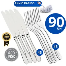 Jogo Talheres  Kit  90 Peças - 45 Garfo 45 Faca Talher Aço Inox Grande Luxo Cozinha Bar Restaurante Buffet Faqueiro