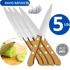 Kit 5 Faca De Cozinha Aço Inox Cabo De Madeira Carne Salada Legumes Churrasco Restaurante