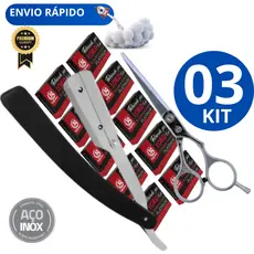 Jogo 03 - 50 Lâminas Linha Premium 1 Navalhete cabo de Plástico Inox 1 Tesoura para Cabelereiro Profissional Variáveis