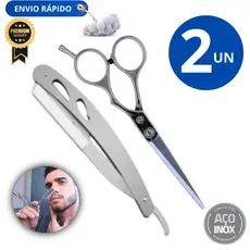 Jogo 2 Unidades 1 Navalhete Inox Premium Barba Cabelo Barbearia Prático Qualidade 1 Tesoura Profissional Inox Premium