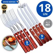 18 Peças Talher 09 Garfos 09 Facas de Inox com Cabo de Madeira Faqueiro Linha Premium Churrasco Carne Durável