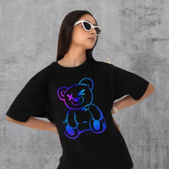 T-Shirt Feminina Estampada Urso Neon 100% Algodão Promoção