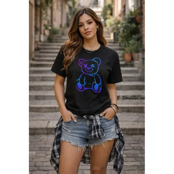 T-Shirt Estampada Urso Neon 100% Algodão Camiseta Estilosa Promoção