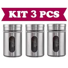 Kit 3 Saleiro Pimenteiro Porta Condimentos Vidro Aço Inox