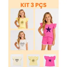 Kit 3 Blusas Infantil Menina Verão Algodão Paetê Manga Babado + Varinha Mágica