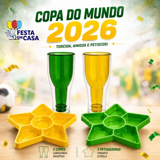 Kit Decorativo 4 Peças Brasil Copa do mundo 2 Copos Garrafinhas Invertida e 2 Petisqueira formato estrela