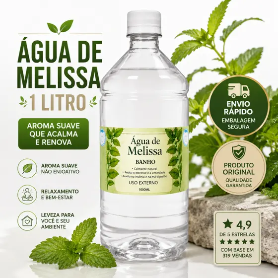 Água de Melissa 1L Banho Relaxante Paz e Equilíbrio.