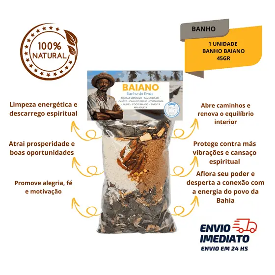 Banho de Baiano 45g Alegria Prosperidade e Força Espiritual Limpeza Energética e Abertura de Caminhos