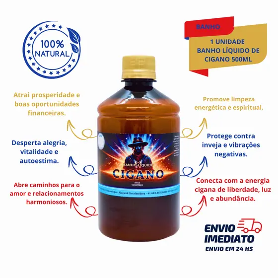Banho Líquido Cigano 500ml Energia Cigana Prosperidade Amor Proteção e Limpeza Espiritual.