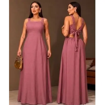 Vestido Longo Feminino Tendência com Amarração nas Costas e Ótimo Caimento Promoção Hoje