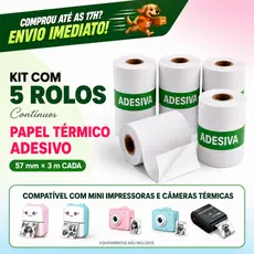 Kit 5 Bobina Etiqueta Continua Térmica Adesiva Autocolante 57x30 Branco Rolo Mini Impressora Portátil Resistente a Água