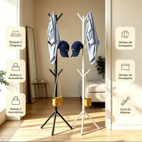 Cabideiro de Chão para Quarto Hall, Formato Árvore Ferro Resistente, Suporte para Chapéus e Bolsas