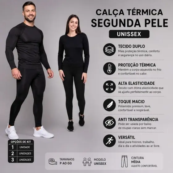 Calça Térmica Segunda Pele Unissex UV50+ Flanelada Peluciada Poliamida Compressão Anti Transparênci