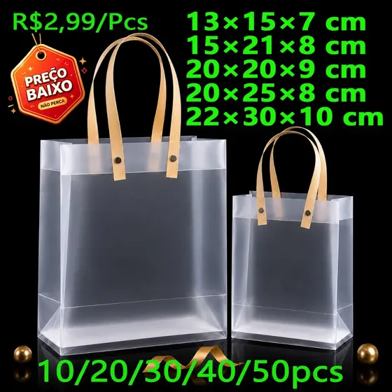Kit 10/20 Sacolas de Presentes Transparente Fosca Reforçada PP com Alça Fibra Adequado para Lanches Artesanais Bebidas