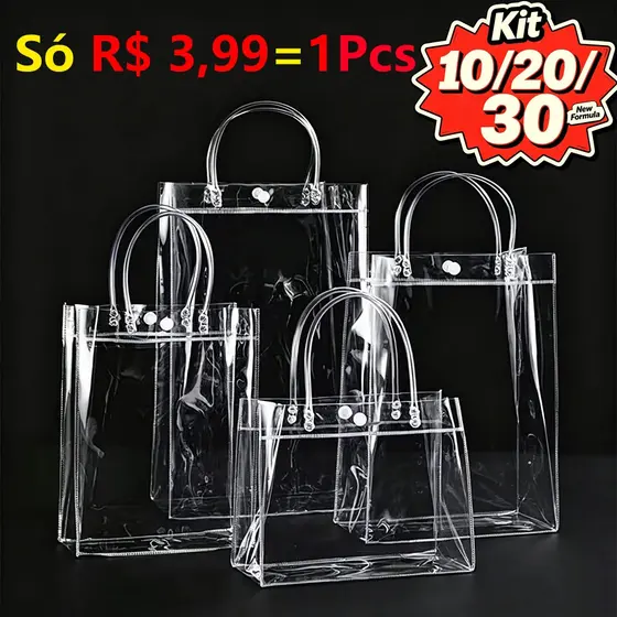 Kit 5/10/20/30 Sacos de Presente PVC Transparente com Alça Reutilizável Lembrancinhas Festa Aniversário Batizado Natal