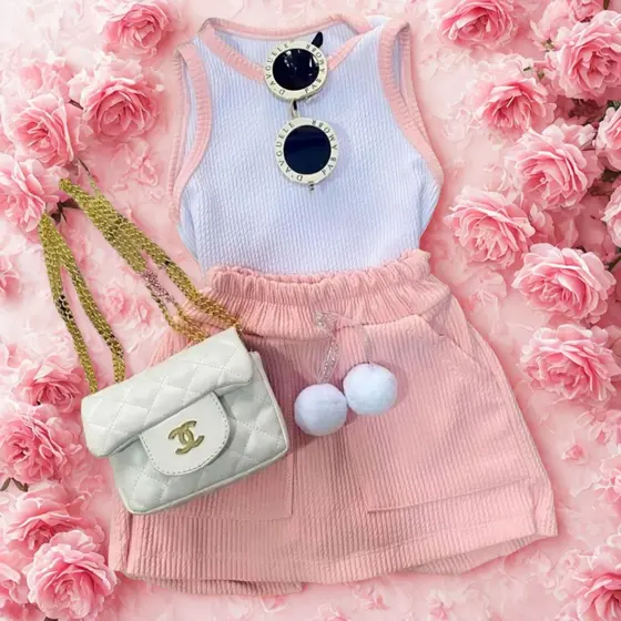 Conjuntos Infantis Menina – Regata Ribana + Short Ana Ruga com PomPom