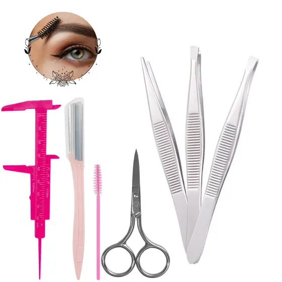 Kit 7 Peças Para Limpeza de Sobrancelha Tesoura/ Pinça/ Escovinha