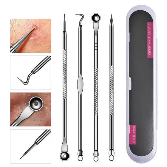 Kit Acne Espinha Removedor De Cravos Profissional 4 Pçs de Ponta Dupla com Pinça/Extrator/Agulha