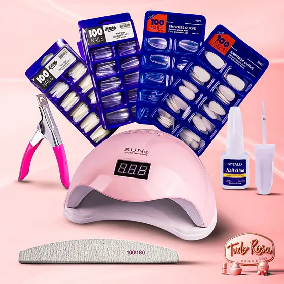 KIT ALONGAMENTO DE UNHA COMPLETO - CABINE SUN LED + 100 UNHAS POSTIÇAS + ALICATE TIPS + COLA PINCEL + LIXA BOOMBERANG