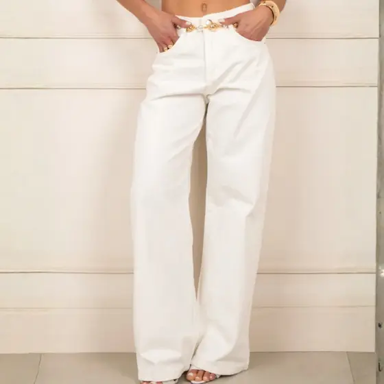 Calça Feminina Wide Leg Jeans Tex Denim Coleção Verão Botão Cintura Média alta Sarja Lisa Larga
