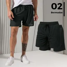 Kit 2 Bermuda Short 2 em 1 Compressão Masculino Bolso Interno Cordão Ajustável Tecido Respirável