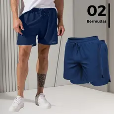 Kit 3 Bermudas Masculino 2 em 1 Compressão Bolso Interno Short Cordão Ajustável Tecido Respirável