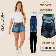 Kit Feminino 10 Shorts e Calças Sortidos Elastano Fecho em Botão Empina Bumbum Cintura Alta Lycra